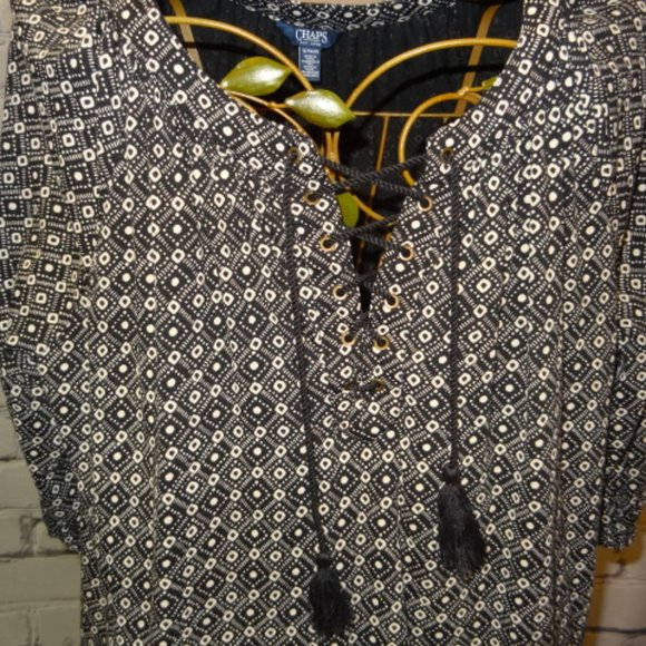 Chaps Black & Tan Print 3 Quarter Sleeve Tunic, Like New - Picture 3 of 6
